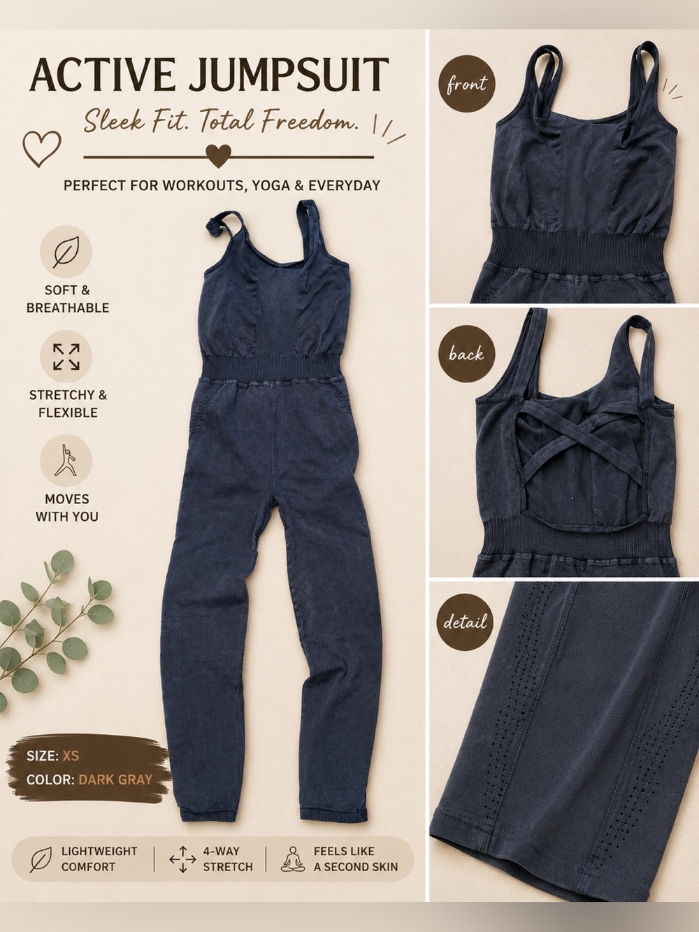 Free People Dark Gray Active Jumpsuit